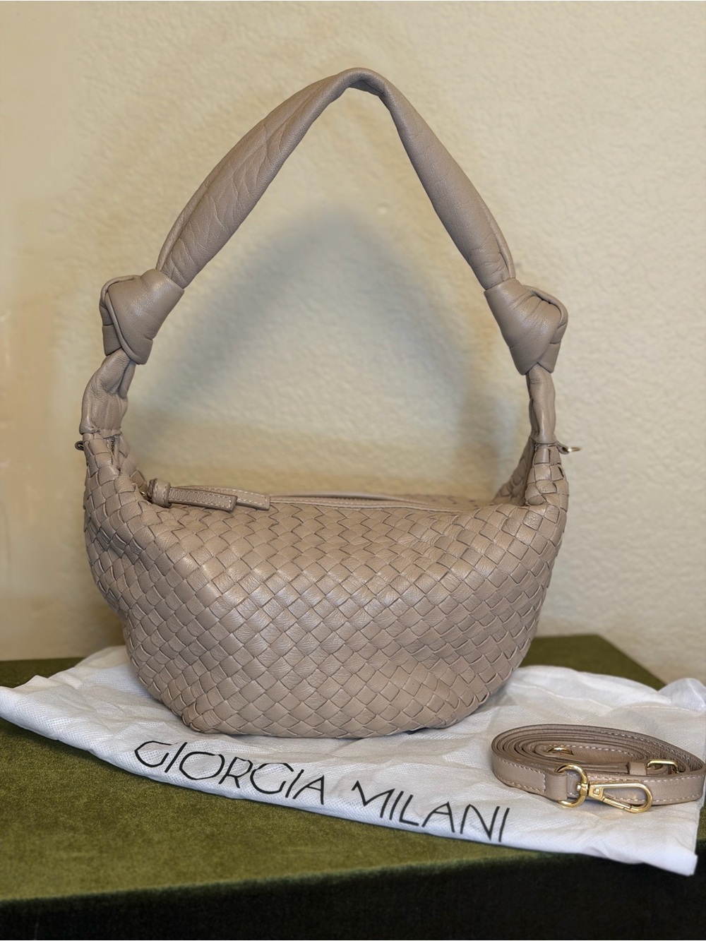 Giorgio Armani Taupe Woven Leather Knot-Handle Shoulder Bag